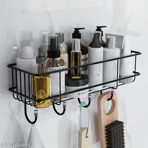 (Pack of 2) Steel Self-Adhesive Multipurpose Bathroom Shelf with Hooks/Towel Holder/Rack/Bathroom Accessories-Wall Mount - Pack of 2 (Black,Powder Coated)|BHR-P1923 3