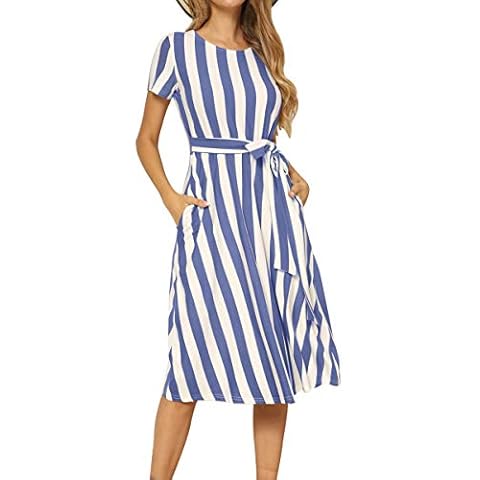 levaca Womens Casual Striped Loose Flowy Belt Tunic Work Midi Dress Light Blue XXL Cover