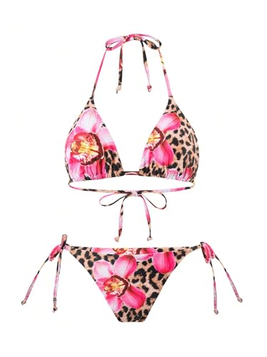 SHENHE Women's 3 Piece Cheetah Bikini Set Floral Triangle Halter String Swimsuits with Cove Up3