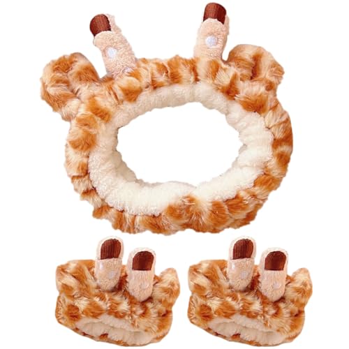 TOPBATHY Diadema Esponjosa para Lavarse la Cara y Pulsera Absorbente de Agua en Conjunto, Elástica y Antideslizante, Diseño de Jirafa en Color Marrón Claro, Adecuado para Cuidado Facial