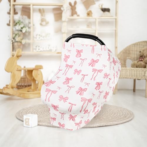 Image of TANOFAR Car Seat Cover for Baby, Multi-Use Cover Carseat Canopy, High Stretchy & Breathable Infant Carseat Cover, Shower Gifts for Unisex Boys and Girls (Pink Bow)