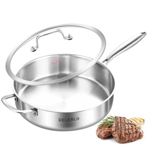 DELARLO Tri-Ply Stainless Steel Saute Pan With Lid 5.5QT,12.3Inch Deep Frying pan,Induction Large...