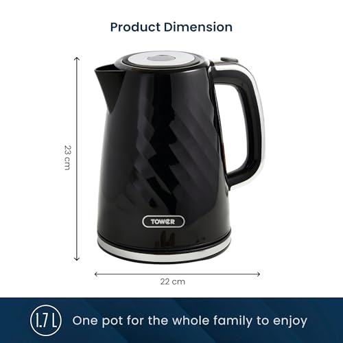 Image of Tower Premium Windsor Electric Kettle 1.7L, 1350W | Strix Contoller, Rapid Boil in 45 Seconds, Auto Shut-Off, Boil-Dry Protection, 360 Power Base, Water Level Indicator, 2.5 Year Warranty (Black).