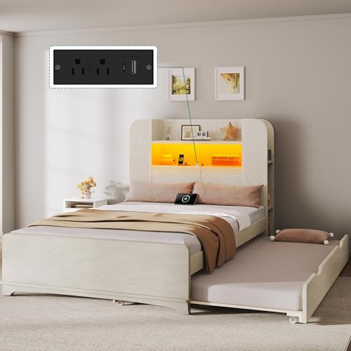 YITAHOME Bed with Trundle, Twin Size Bed Frame with Bookcase Daybed Storage Headboard and Charging Station, RGB LED Lights Bed with Wooden Support for Bedroom, No Box Spring Needed, Noise Free, White