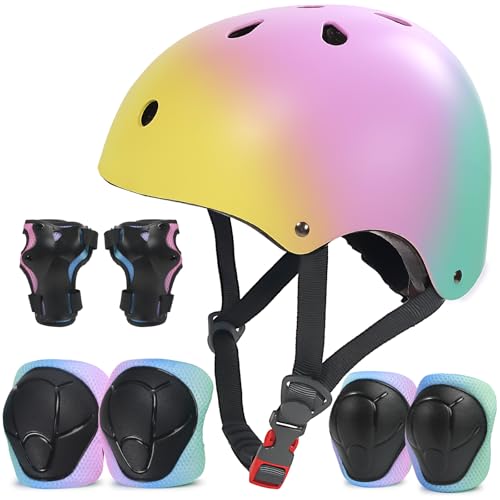 LANOVAGEAR Set de Protección Patinaje, Protección Infantil Consta de Casco Ajustable Rodilleras Coderas para Skate Patinaje Ciclismo Monopatín línea (Amarillo Rosa Verde, M)