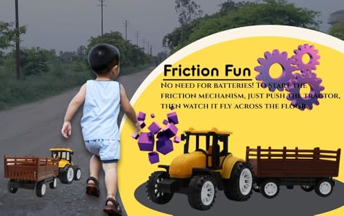 Image of Neokiddo Toys Friction Powered Trolley Farm Tractor Toy for Kids & Toddlers /Boys & Girls - Durable Push & Go Farm Vehicle for Ages 3+, Medium Size Farming Toy for Pretend Play & Outdoor Fun (Yellow)