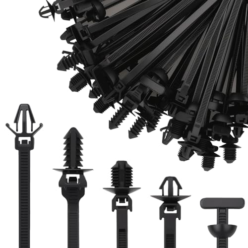 Dexspoeny 50PCS Universal Nylon Push Mount Cable Zip Tie Heavy Duty Self Locking Zip Ties Holder 5 Sizes Black Cable Tie Buckle UV Resistant Multipurpose Tie Fasteners for Car Daily Repair(5 Types)