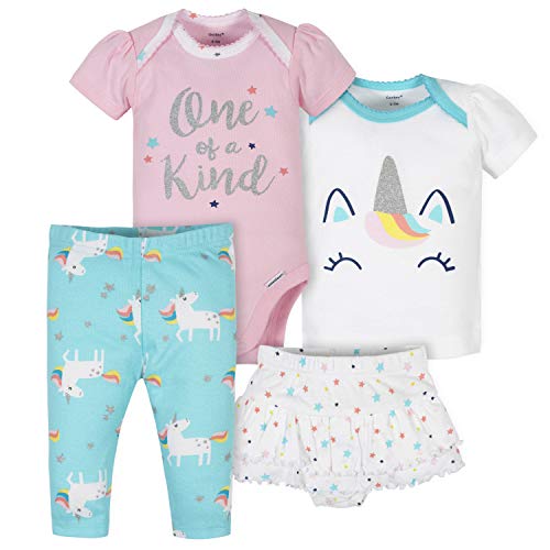 Gerber Baby Girls' 4-Piece Shirt, Bodysuit, Pant and Skirted Ruffle Panty, Pink Unicorn, 3-6 Months