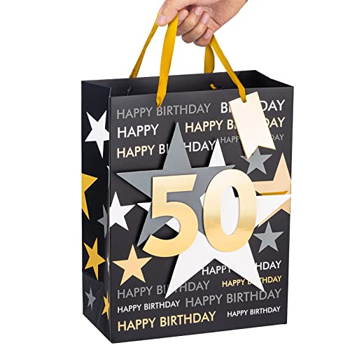 Image of Loveinside Birthday Gift Bag with Tissue Paper and Greeting Card for 50 Birthday - 13 inch x 10 inch x 5 inch, 1 Pcs, Black Gold