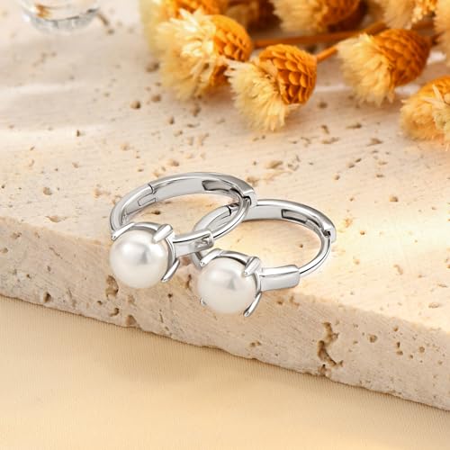 Freshwater Pearl Hoop Earrings for Women, 925 Sterling Silver Small Pearl Hoop Earrings Jewelry Gifts for Mom Wife Bride (5mm)3