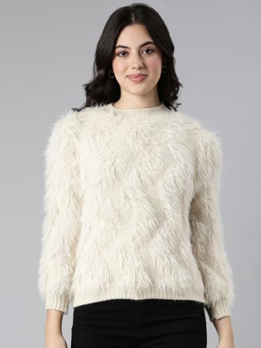 Image of SHOWOFFFF Women Solid Pullover Sweater | Round Neck 3 /4th Sleeves Knitted Sweaters for Womens | Regular Fit Regular Length Sweater for Women's