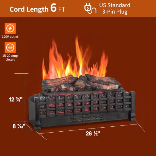 Image of 26 inch Electric Fireplace Log Set, Realistic Resin Logs Insert with 4 Flame Brightness, 1400W Heater with Thermostat & 9H Timer, Remote Control for Indoor Fireplace Decor, CSA Certified