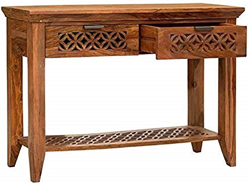 Image of Solid Sheesham Wood Console Table for Living Room | Entryway Hallway Sofa & Fish Tank Table with 2 Drawers & Shelf Storage | Wooden Side Entrance Furniture | Rosewood Honey Finish