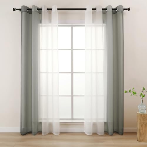 L.Z.E Grey White Voile Curtains for Living Room Light Gray Ombre Sheer Curtains & Drapes for Bedroom Kitchen Bay Windows Transparent