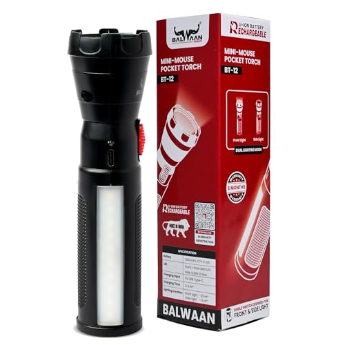 Image of Balwaan Krishi Rechargeable LED Search Light Torch | Handheld Flashlight Torch 1200mAh Battery, 1W SMD LED, Type-C Charging, 3-4 Hours Runtime, for Trekking, Agricultural & Outdoor Activities | BT-12