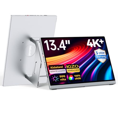 Image of Intehill 4K Portable Monitor for Laptop | 13.4 inch IGZO Display 500 nits | Full-Laminated Tempered Glass, 100% sRGB Portable Laptop Screen w /Kickstand & Speakers, USB-C & HDMI Travel Monitor, U13ZC