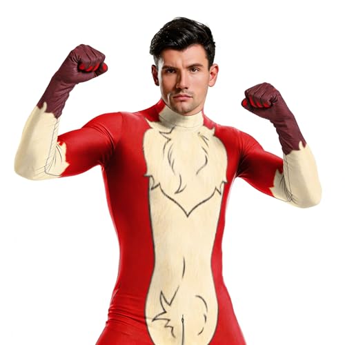 Image of Animal Full Bodysuit for Men Muscle Spandex Jumpsuit Furry Costume with Big Tail for Adult Cosplay Halloween Party