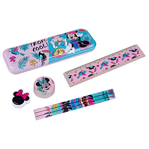 Kit Escolar Estojo Régua Apontador Borracha e 3 Lápis Disney Minnie Mouse Tropical Molin