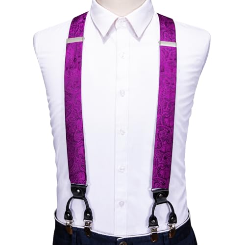 Image of Barry.Wang Men Suspender Set with Necktie Elastic Y Type Heavy Duty 6 Clips Braces Tie Handkerchief Cufflink Pin 6PCS