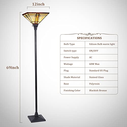 Capulina Tiffany Torchiere Floor Lamp 69 Inches Tall Industrial Pole Cream Color Mission Style Stained Glass Standing Light For Home Office Living Room Bedroom thumb #4