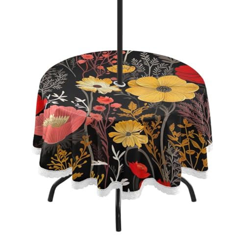 Wajiw 60 Inch Indoor Outdoor Round Tablecloth with Umbrella Hole and Zipper Waterproof Patio Table Cover for Camping Dining Room Party Outdoor Picnic,Flowers
