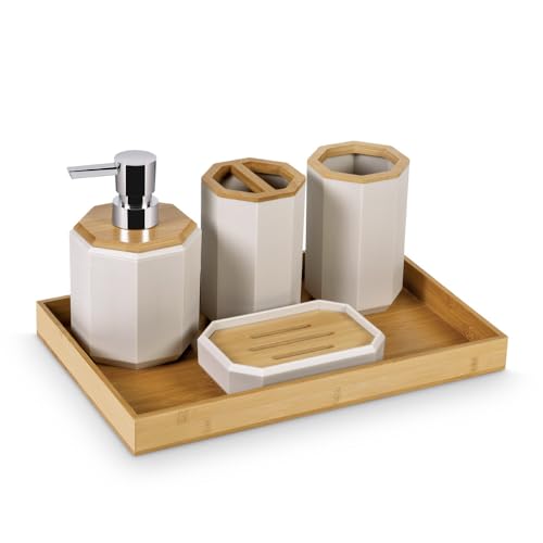 Image of Freelance Portofino ABS Bathroom Accessories Set of 5, Cappuccino - Liquid Handwash Soap Dispenser, Brush /Toothbrush Holder, Tumbler, Dish, Tray - Plastic Set for Wash Basin - Stronger Than Ceramic