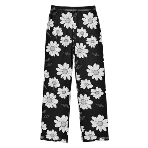 Black White Daisy Pajama Pants Long Sleep Pants Soft Pajama Bottoms With Pockets