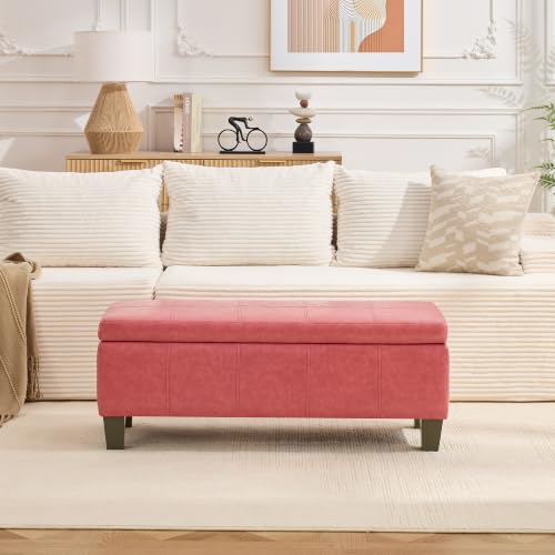 Image of 41 inch Storage Ottoman, Storage Bench with Safety Hinge, Upholstered Synthetic Leather Ottoman Bench for Bedroom, Living Room, Entryway, Hallway, Foot Rest, Support 500lbs