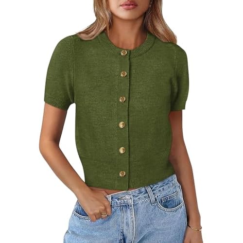 Kistore Womens Summer Casual Short Sleeve Sweater Cardigan Button Down Crew Neck Knitted Crop Cardigan Tops Army Green Large