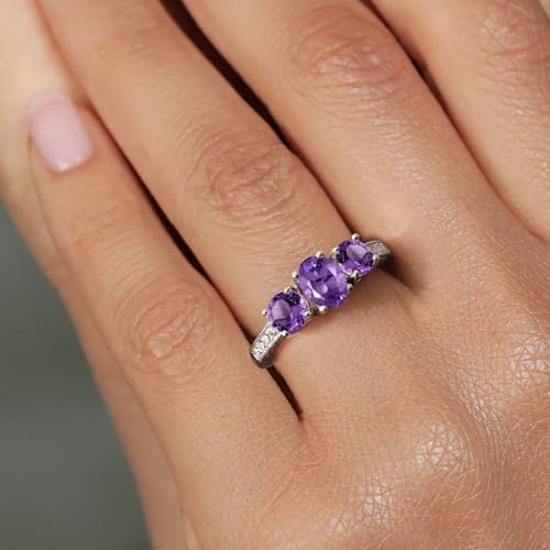 Gem Stone King 925 Sterling Silver Purple Amethyst 3 Stone Engagement Ring For Women (1.77 Cttw, Gemstone Birthstone, Available In Size 5, 6, 7, 8, 9)4