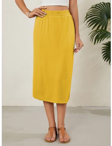 Naggoo Womens Midi Skirts Summer Elastic High Waisted Back Slit Long Straight Skirt Below Knee3