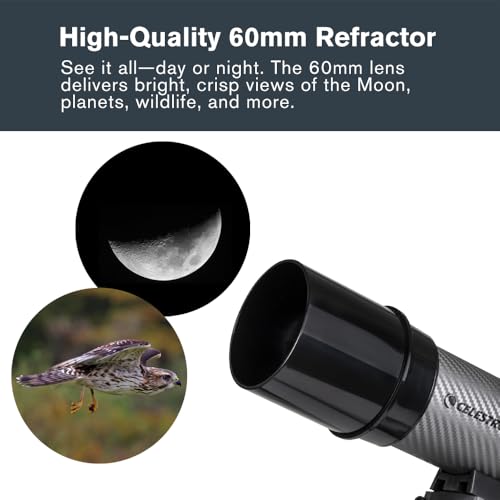 Image of Celestron 22007 Travel Scope 60 DX Portable Refractor Telescope with Smartphone Adapter - Ideal for Beginners with Fully Coated Glass Optics, Tripod, Backpack and Bonus Accessories, Black /Grey | Fully Coated Optics, 20mm and 8mm Eyepieces, 3x Barlow, Smartphone Adapter, Tripod and Backpack