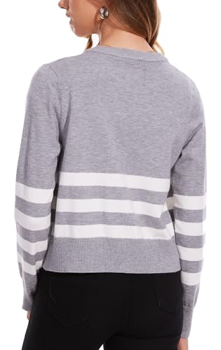 Image of MISS MOLY Women's Striped Cardigan Sweaters Full Zip Trendy Long Sleeve Round Neck Dressy Casual Knit Pullover Sweater Grey XS