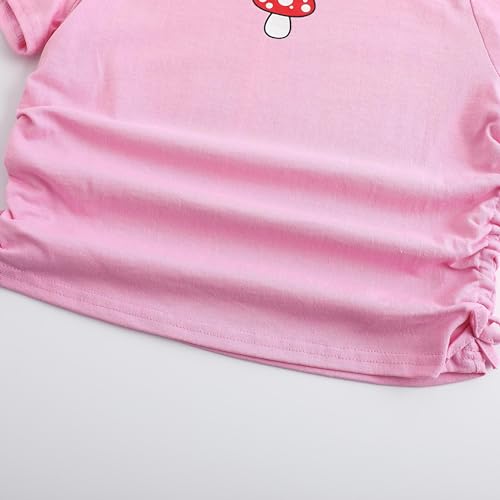 Image of Girl's Graphic Crop Top Summer Tee Drawstring Side Tie Knot Hem Round Neck Short Sleeve T-Shirts