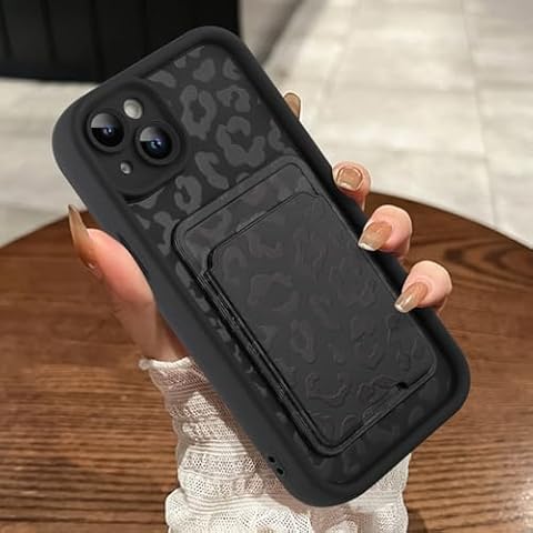 MOWIME Compatible with iPhone 15 Plus Case with Card Holder, Cheetah Print Shockproof Soft TPU Protective Case Women Girls, Anti Scratch Wallet Case for iPhone 15 Plus 6.7 Inch, Black Cover