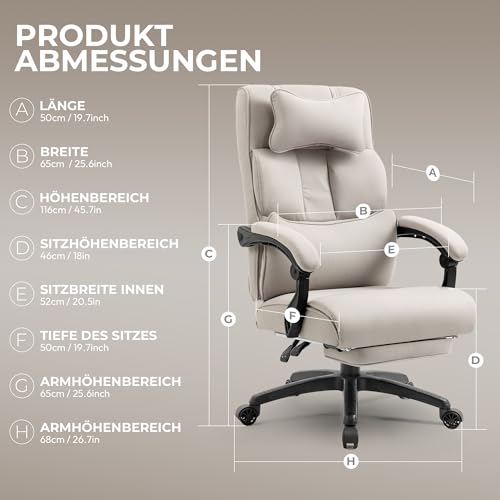 Dowinx Bürostuhl Ergonomisch mit Fußstütze und gepolsterten Armlehnen, ergonomischer Bürostuhl...