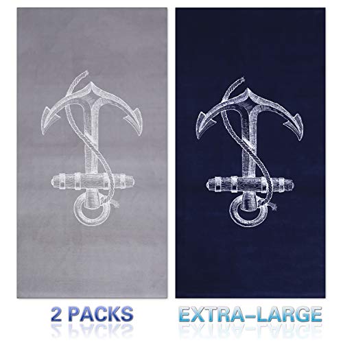 Genovega Microfiber Beach Towel Oversize, Extra Large 74"x36", 2 Packs Anchor Blue Grey