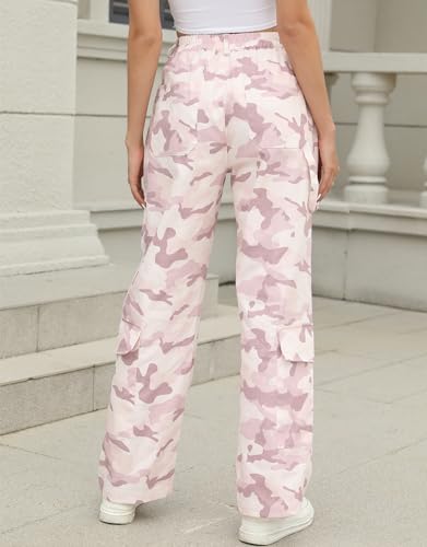 Kedera Women Camo Print Flap Pocket Wide Leg Pants Mid Waist Trousers Casual Boyfriend Cargo Parachute Baggy Pants2