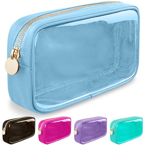 Nylon Small Clear Makeup Bag for Purse, Cute Makeup Bag Preppy Cosmetic Zipper Pouch Purse, Waterproof Travel Toiletry Bag Coin Pouch Clutch Make Up Brush Bag Organizer Storage for Women Ladies(Blue)