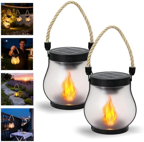 2026 New Upgrade Solar Lantern Outdoor Waterproof, Retro Dancing Flame Solar Lantern Outdoor Lights with Dual Charging, Suitable for Camping Trails Yard Terrace Porch Garden Decoration(2PC)
