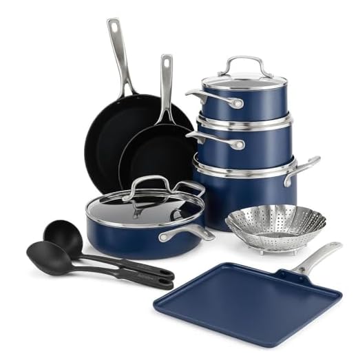Blue Diamond Cookware Diamond Infused Ceramic Nonstick 14 Piece Cookware Pots and Pans Set, Blue & Cookware Diamond Infused Ceramic Nonstick, 11' Griddle Pan, Dishwasher Safe, Oven Safe, Blue