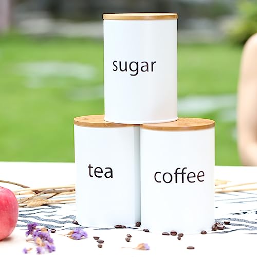 Sotech 3Pcs White Metal Canisters Sugar Coffee Tea Storage Jars For Kitchen Countertop Round With Bamboo Lid Farmhouse Country Kitchen Decor #TOP1