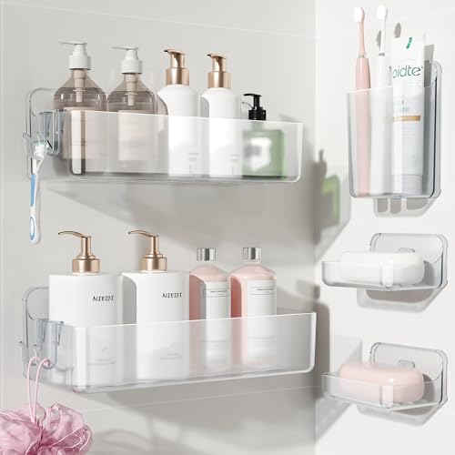 Nieifi Adhesive Wall Shelf, Shower Sheves 5 Pack with Soap Holder, Shower Organizer for Bathroom Organization, Clear