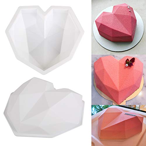 Diamond Cake Mold, Diamond Heart Cake Mold, Cake Mold for Baking Heart Shape, 2 Pack Diamond Heart Love Shape Silicone Cake Mold, 3D Silicone Trays Mousse Dessert Baking Pan