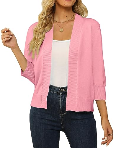 Image of Women's 3 /4 Sleeve Cropped Cardigan Sweater Open Front Short Shrugs Cardigans Lightweight Sweaters