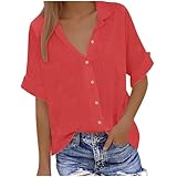 Keepink Damen-Blusen und Hemden, V-Ausschnitt, bequemes Leinen-Top, 3/4-Ärmel, gestreiftes Hemd, Knopfleiste, Revers, übergroße Bluse, elegante Tunika, T-Shirts, atmungsaktives Oberteil für Freizeit