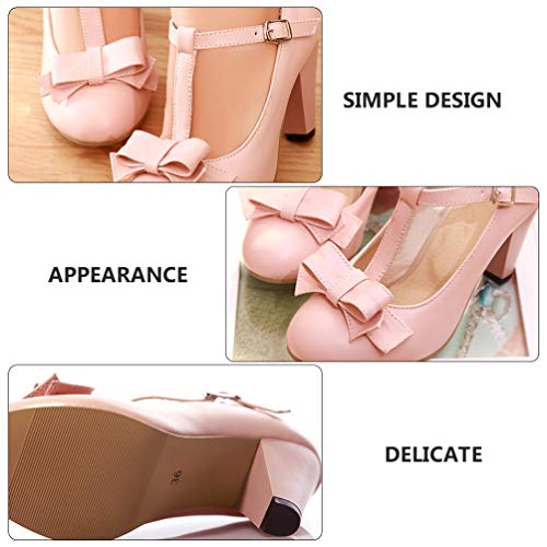 Womens Sweet Mary Janes Pumps Round Toe T-Strap Bows Buckle High Cone Heel Dress Pumps4