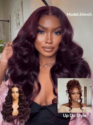 Image of Beauty Forever Bye Bye Knots Black Cherry Loose Body Wave Glueless Wigs Human Hair Pre Plucked Pre Cut 7x5 Lace Front Drawstring Wig with Face Framing Layers Put on and Go Wig 180% Density 18inch