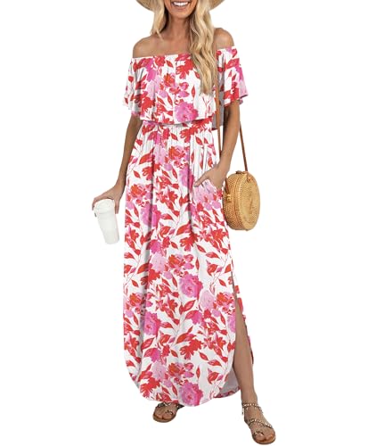 Image of LILBETTER Womens Off The Shoulder Ruffle Party Dresses Side Split Beach Maxi Dress