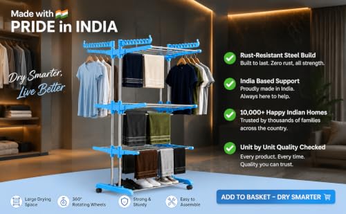 Image of SUNDRY Clothes Drying Stand 3Tier Foldable Stainless Steel Laundry Drying Rack with Wheels | Heavy Duty Garment Hanger Rack | Space Saving Indoor Outdoor Cloth Dryer Stand Sky Blue
